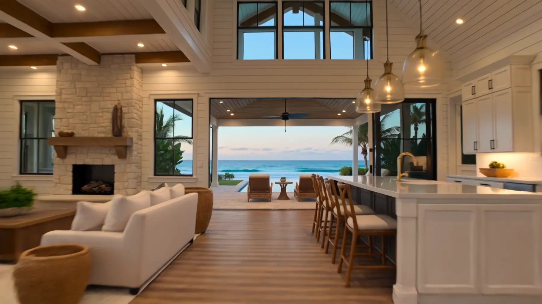A Gulf Coast home at dusk, warm light in the windows and palms in the foreground.